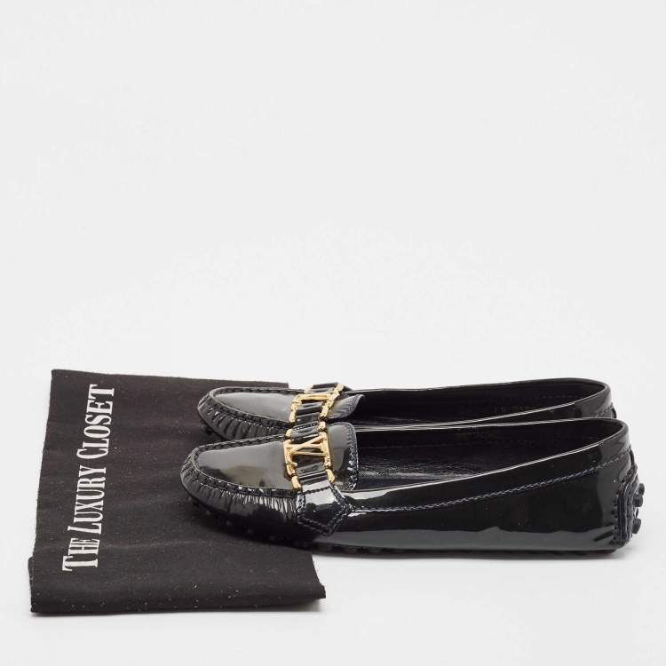 Pre Owned Louis Vuitton Dark Green Patent Leather Oxford Logo Slip On Loafers Size 36