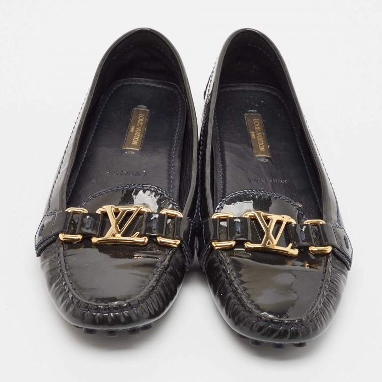 Pre Owned Louis Vuitton Dark Green Patent Leather Oxford Logo Slip On Loafers Size 36