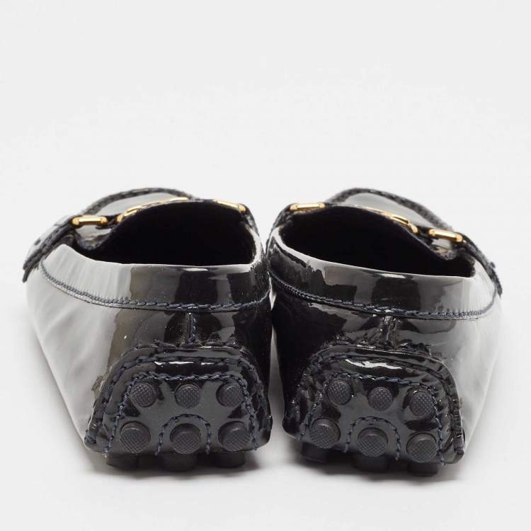 Pre Owned Louis Vuitton Dark Green Patent Leather Oxford Logo Slip On Loafers Size 36