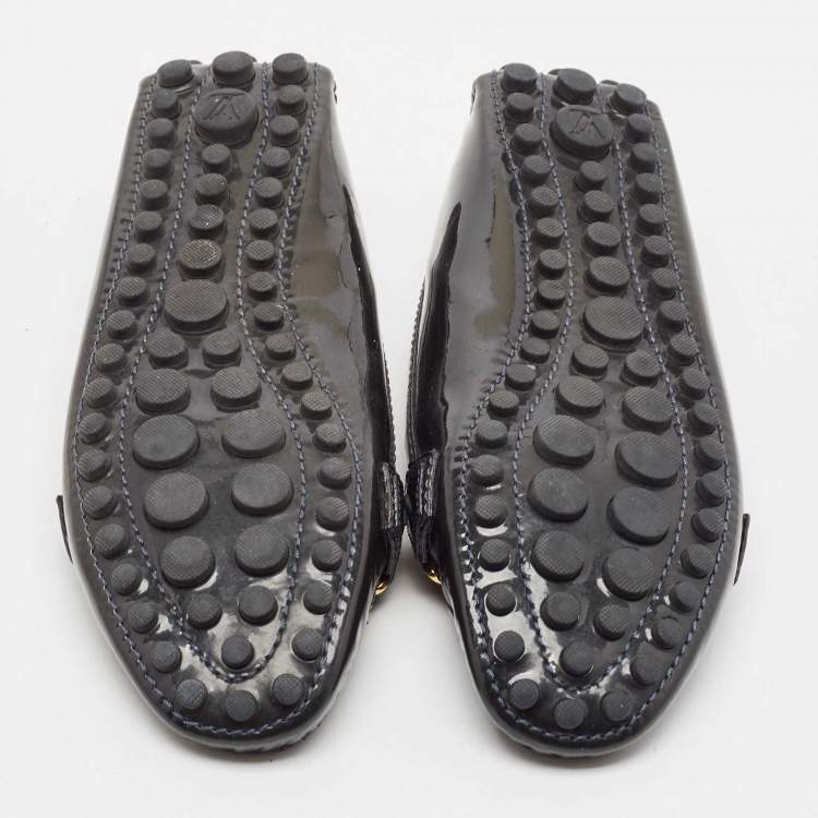 Pre Owned Louis Vuitton Dark Green Patent Leather Oxford Logo Slip On Loafers Size 36