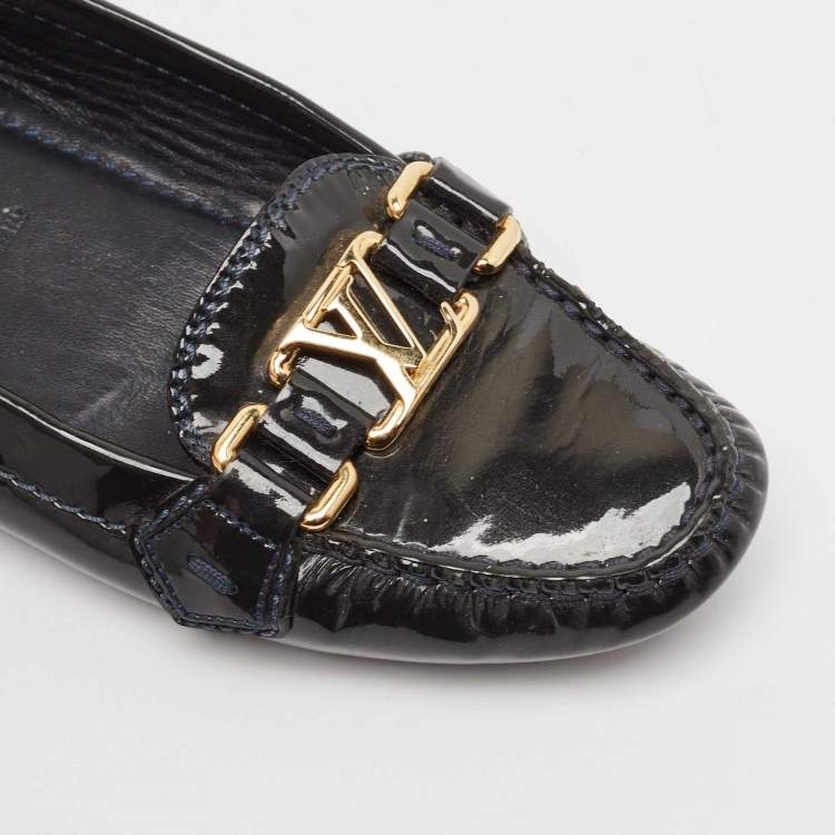 Pre Owned Louis Vuitton Dark Green Patent Leather Oxford Logo Slip On Loafers Size 36