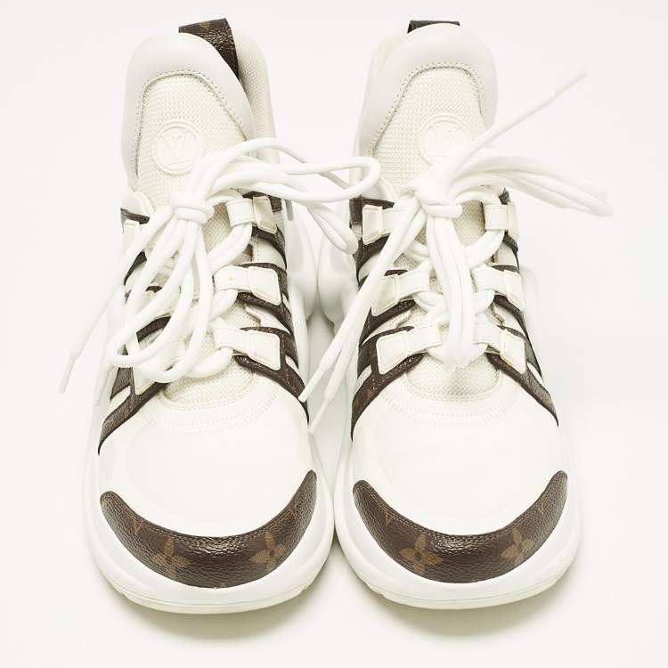 Pre Owned Louis Vuitton White/Brown Leather and Monogram Canvas Archlight Sneakers Size 37.5
