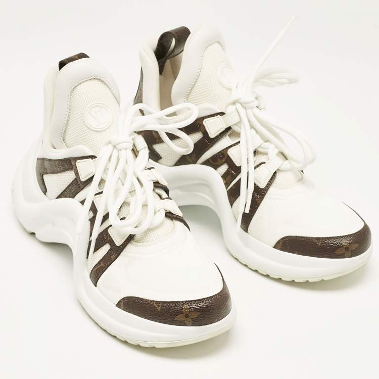Pre Owned Louis Vuitton White/Brown Leather and Monogram Canvas Archlight Sneakers Size 37.5