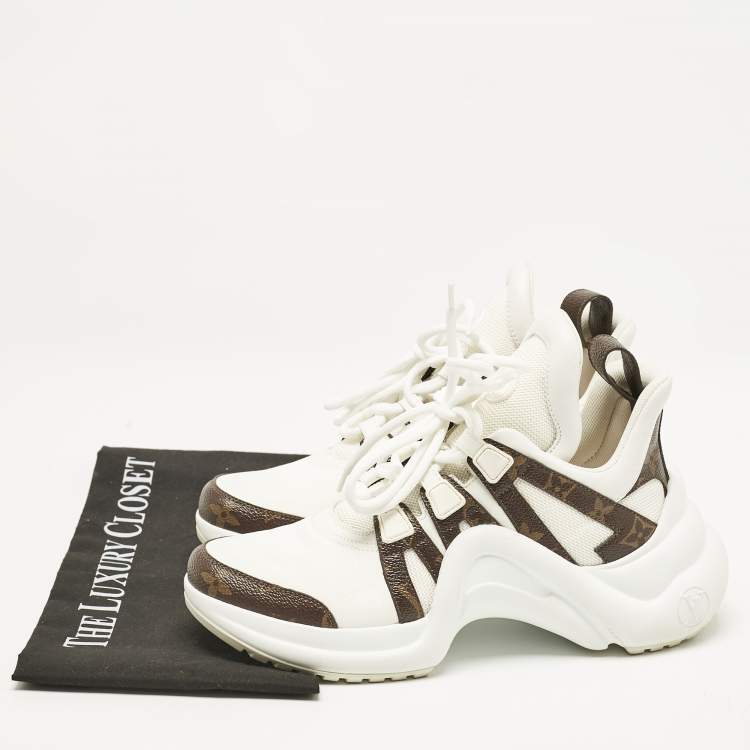 Pre Owned Louis Vuitton White/Brown Leather and Monogram Canvas Archlight Sneakers Size 37.5