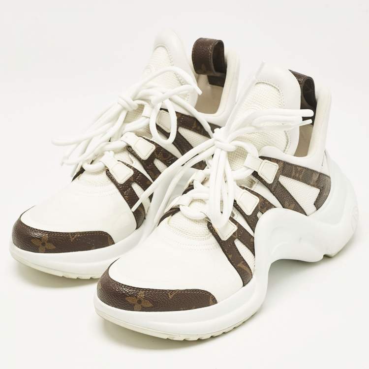 Pre Owned Louis Vuitton White/Brown Leather and Monogram Canvas Archlight Sneakers Size 37.5