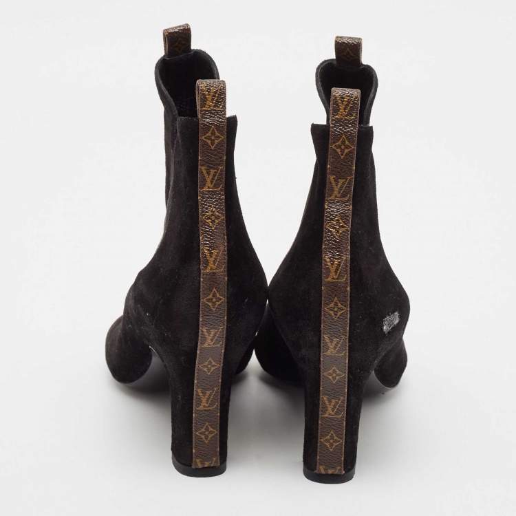 Pre Owned Louis Vuitton Black/Brown Suede and Monogram Canvas Revival Ankle Boots Size 38.5
