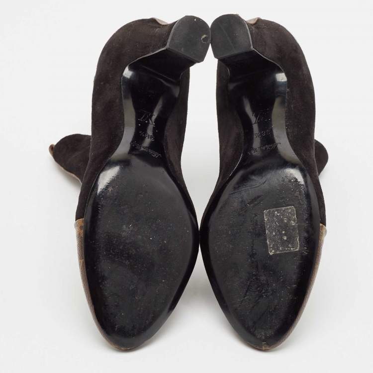 Pre Owned Louis Vuitton Black/Brown Suede and Monogram Canvas Revival Ankle Boots Size 38.5