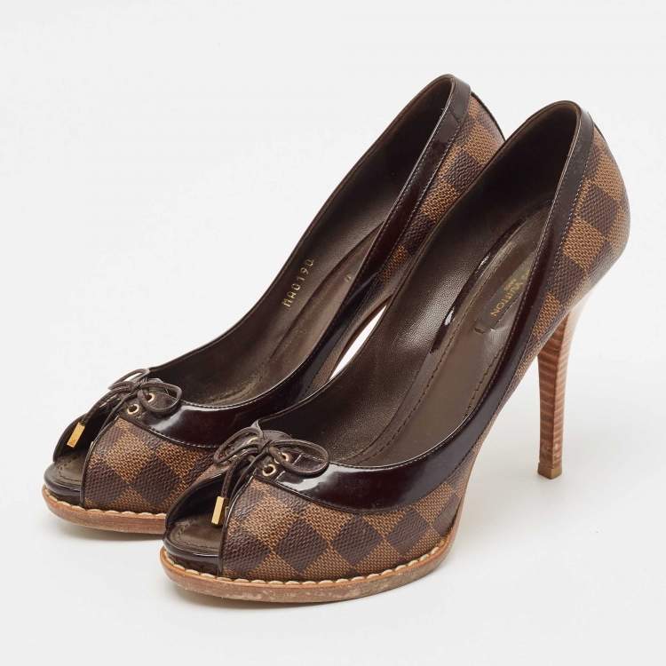 Pre Owned Louis Vuitton Brown Damier Ebene Canvas Palm Beach Peep Toe Pumps Size 39