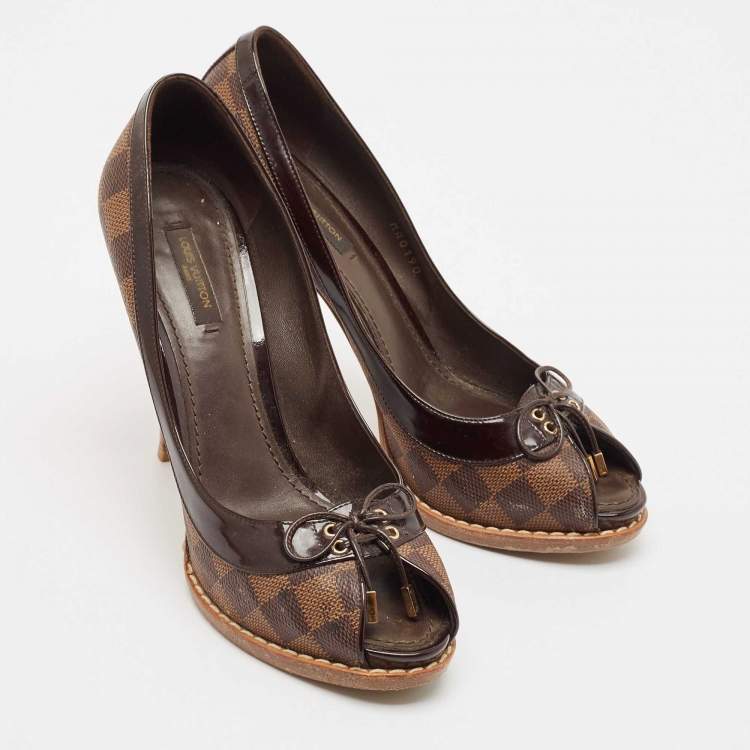 Pre Owned Louis Vuitton Brown Damier Ebene Canvas Palm Beach Peep Toe Pumps Size 39