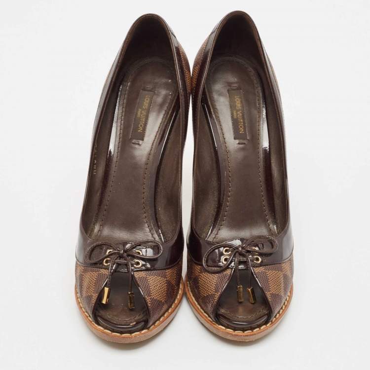 Pre Owned Louis Vuitton Brown Damier Ebene Canvas Palm Beach Peep Toe Pumps Size 39
