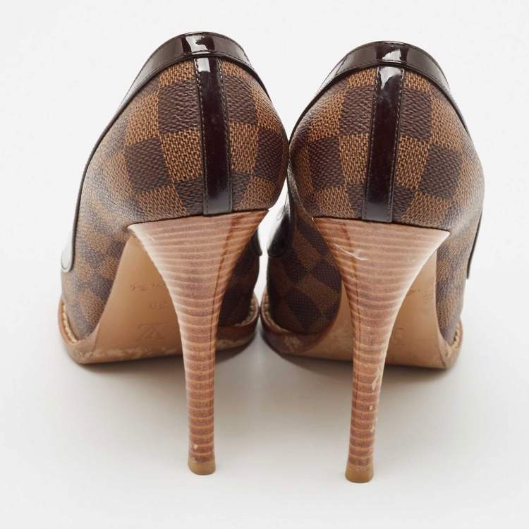 Pre Owned Louis Vuitton Brown Damier Ebene Canvas Palm Beach Peep Toe Pumps Size 39