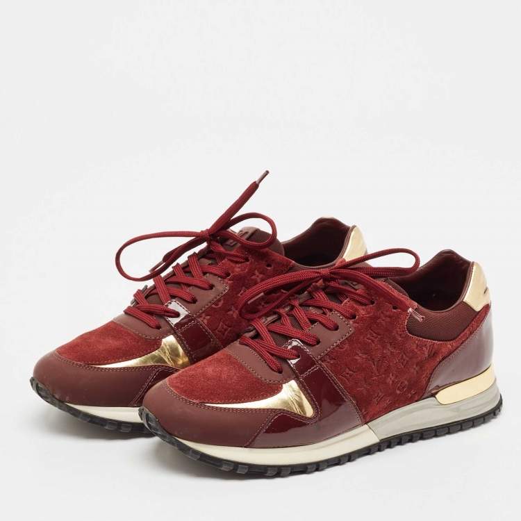 Pre Owned Louis Vuitton Burgundy Monogram Suede, Patent and Leather Run Away Lace Up Sneakers Size 37.5