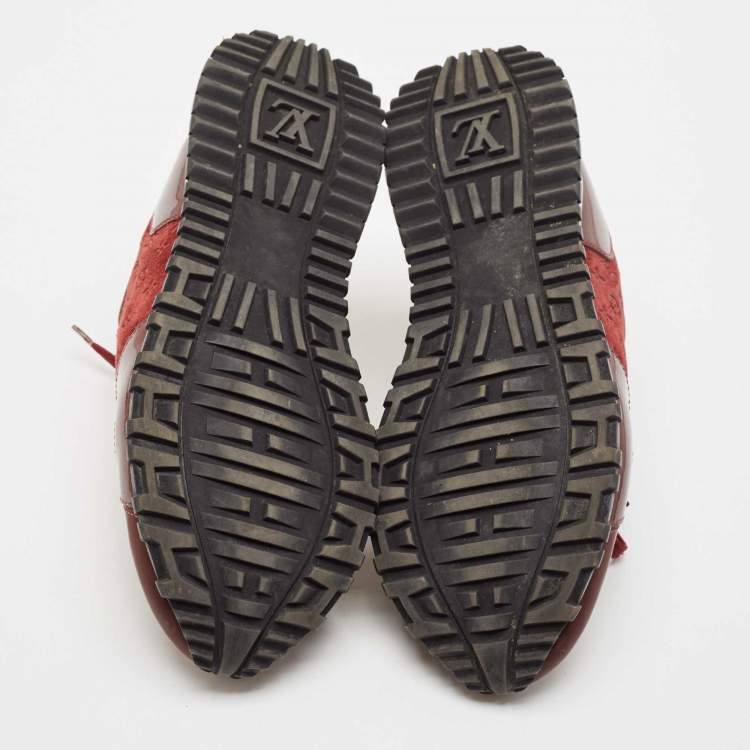 Pre Owned Louis Vuitton Burgundy Monogram Suede, Patent and Leather Run Away Lace Up Sneakers Size 37.5