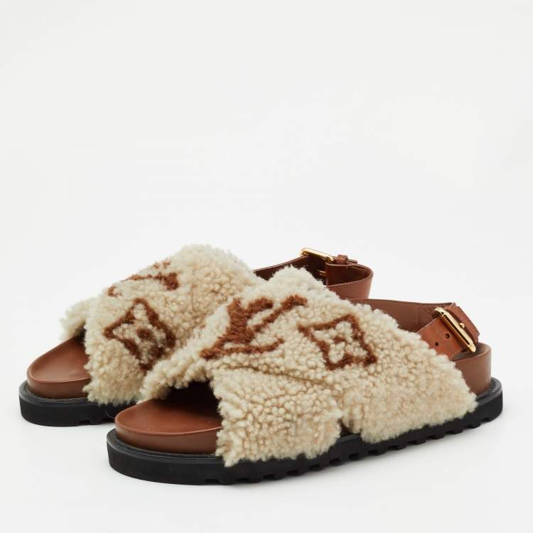 Pre Owned Louis Vuitton White/Brown Shearling Fur and Leather Paseo Comfort Mules Size 36