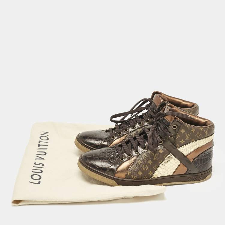 Pre Owned Louis Vuitton Brown Monogram Canvas and Crocodile Punchy High Top Sneakers Size 36.5