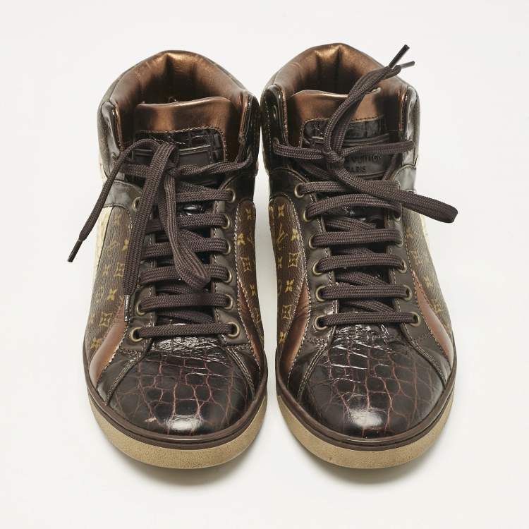 Pre Owned Louis Vuitton Brown Monogram Canvas and Crocodile Punchy High Top Sneakers Size 36.5