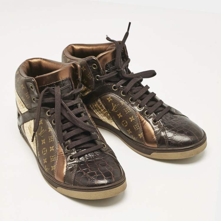 Pre Owned Louis Vuitton Brown Monogram Canvas and Crocodile Punchy High Top Sneakers Size 36.5