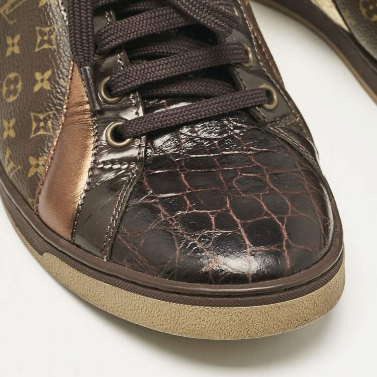 Pre Owned Louis Vuitton Brown Monogram Canvas and Crocodile Punchy High Top Sneakers Size 36.5
