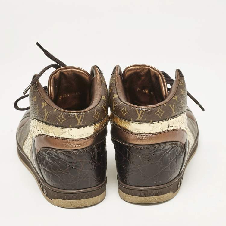 Pre Owned Louis Vuitton Brown Monogram Canvas and Crocodile Punchy High Top Sneakers Size 36.5