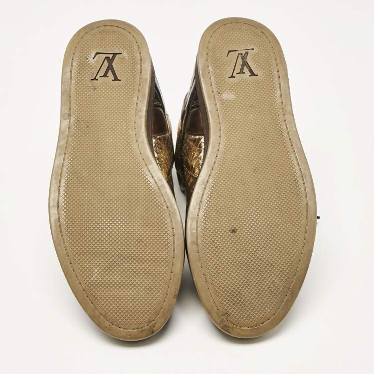 Pre Owned Louis Vuitton Brown Monogram Canvas and Crocodile Punchy High Top Sneakers Size 36.5