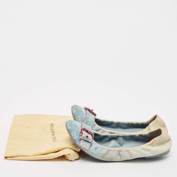 Pre Owned Louis Vuitton Two Tone Denim Buckle Scrunch Ballet Flats Size 41