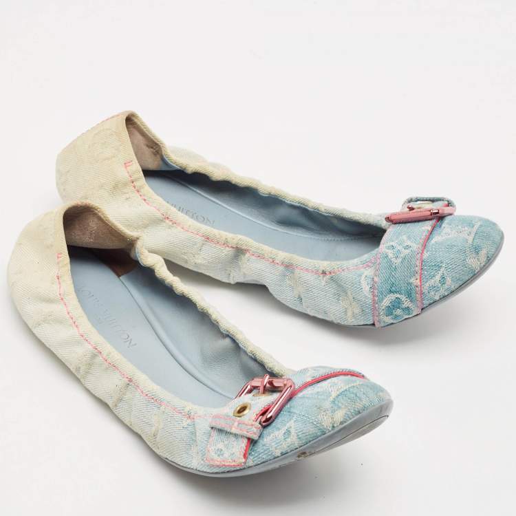 Pre Owned Louis Vuitton Two Tone Denim Buckle Scrunch Ballet Flats Size 41
