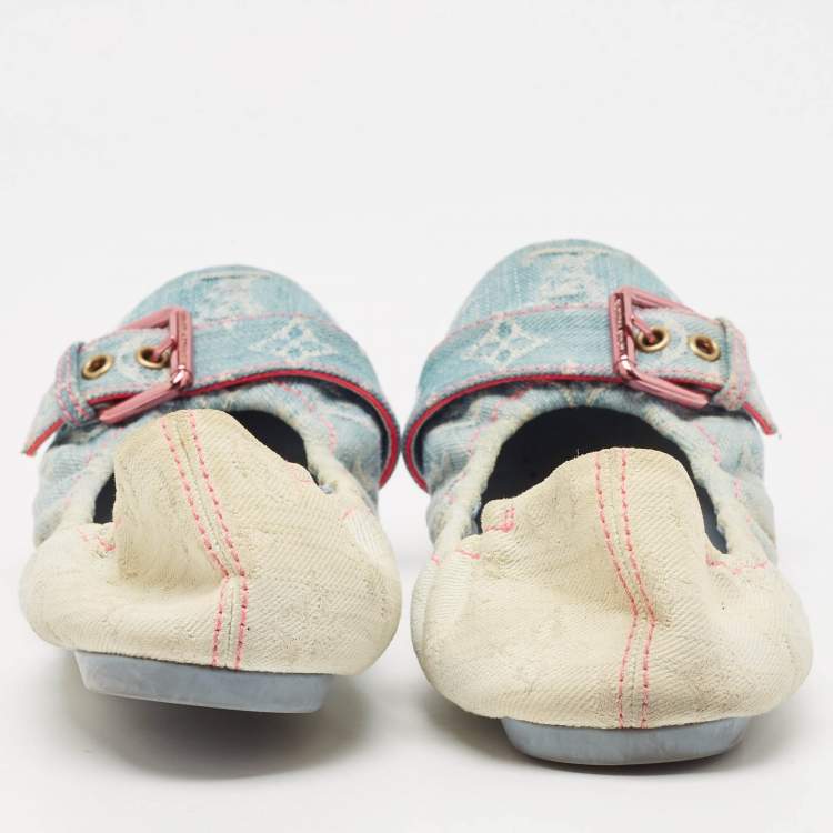 Pre Owned Louis Vuitton Two Tone Denim Buckle Scrunch Ballet Flats Size 41