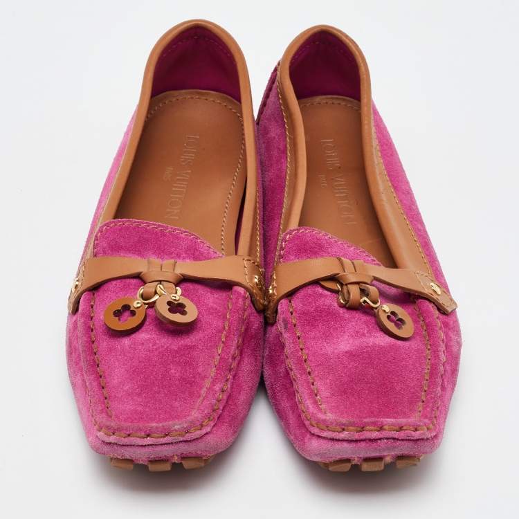 Pre Owned Louis Vuitton Pink/Tan Suede and Leather Charm Slip On Loafers Size 41