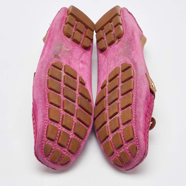 Pre Owned Louis Vuitton Pink/Tan Suede and Leather Charm Slip On Loafers Size 41