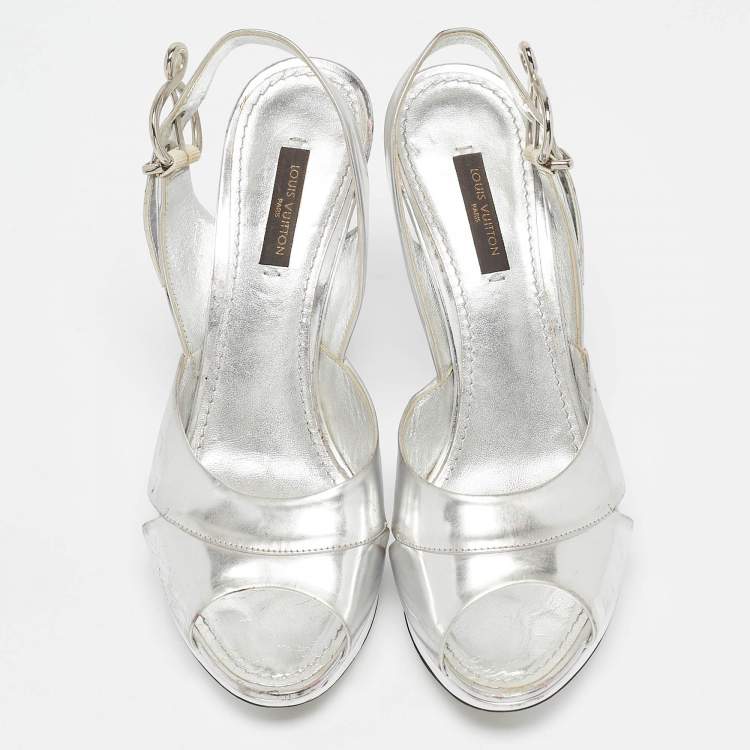 Pre Owned Louis Vuitton Silver Leather Peep Toe Slingback Sandals Size 37