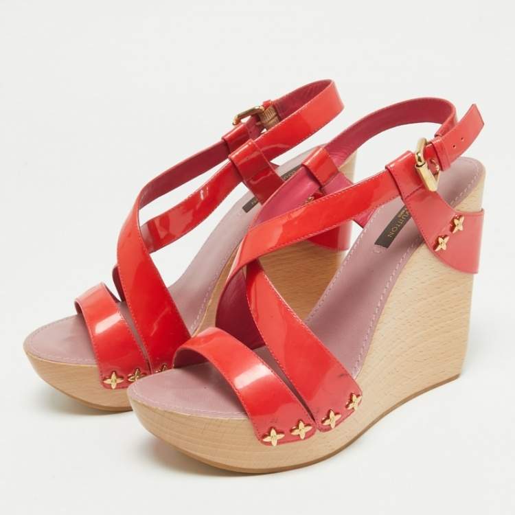 Pre Owned Louis Vuitton Red Patent Leather Star Embellished Wedge Sandals Size 37