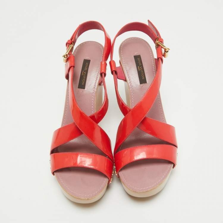 Pre Owned Louis Vuitton Red Patent Leather Star Embellished Wedge Sandals Size 37