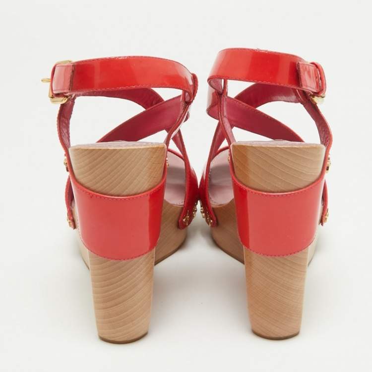 Pre Owned Louis Vuitton Red Patent Leather Star Embellished Wedge Sandals Size 37