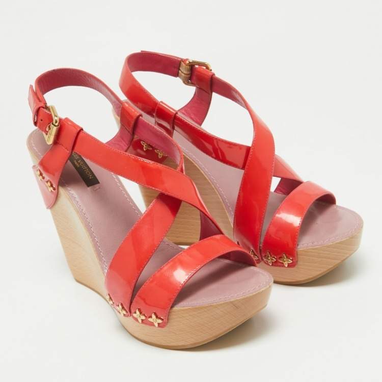 Pre Owned Louis Vuitton Red Patent Leather Star Embellished Wedge Sandals Size 37