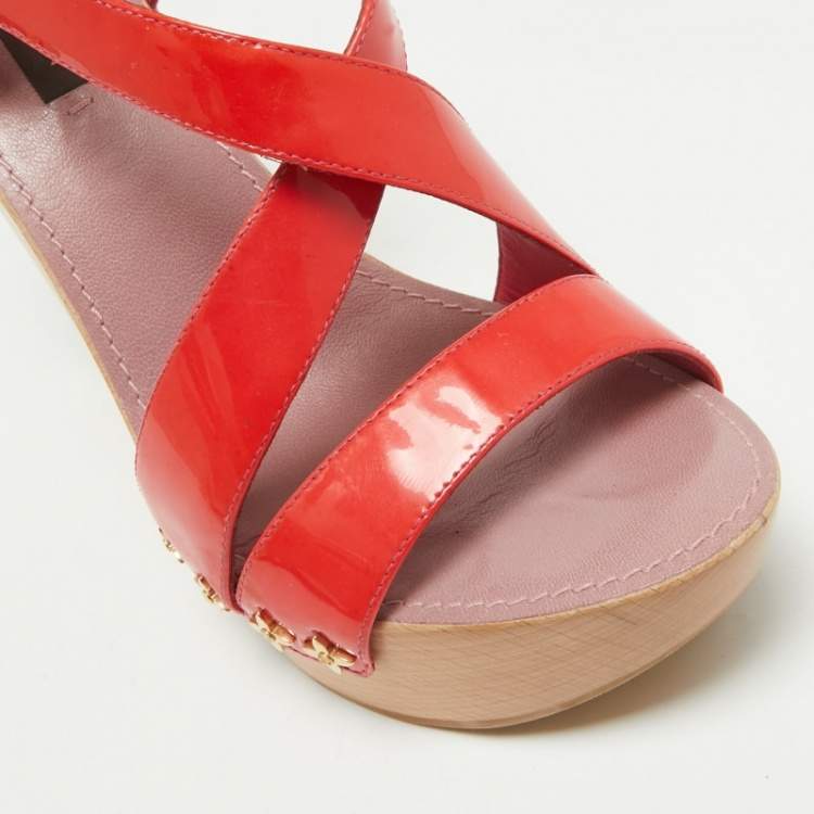 Pre Owned Louis Vuitton Red Patent Leather Star Embellished Wedge Sandals Size 37