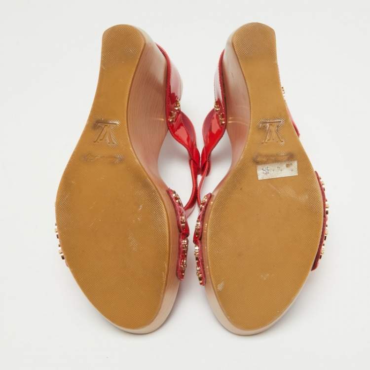 Pre Owned Louis Vuitton Red Patent Leather Star Embellished Wedge Sandals Size 37