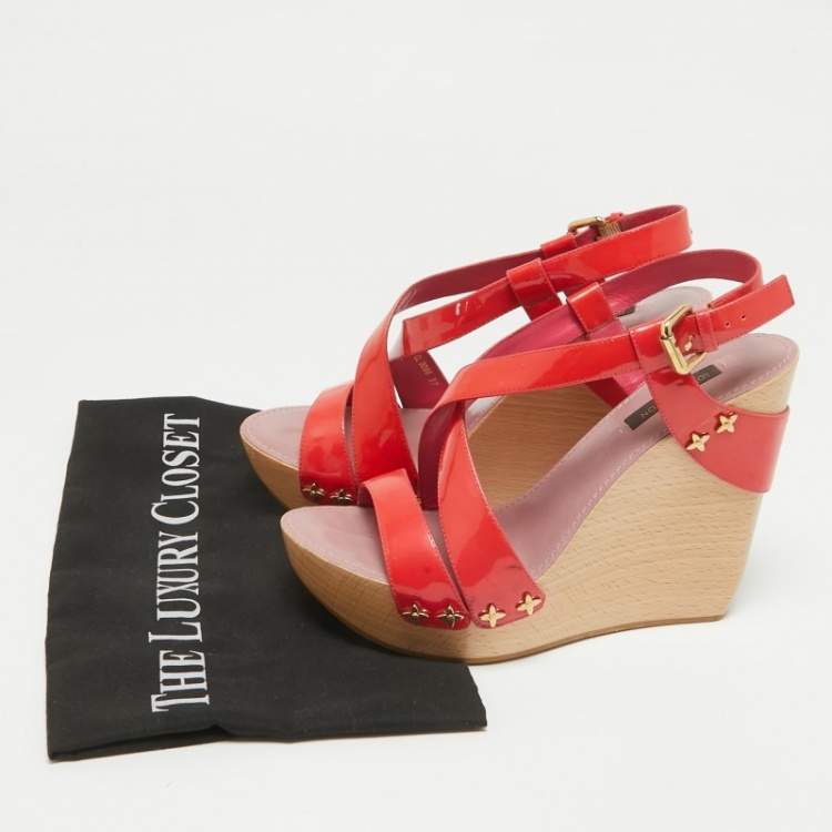 Pre Owned Louis Vuitton Red Patent Leather Star Embellished Wedge Sandals Size 37