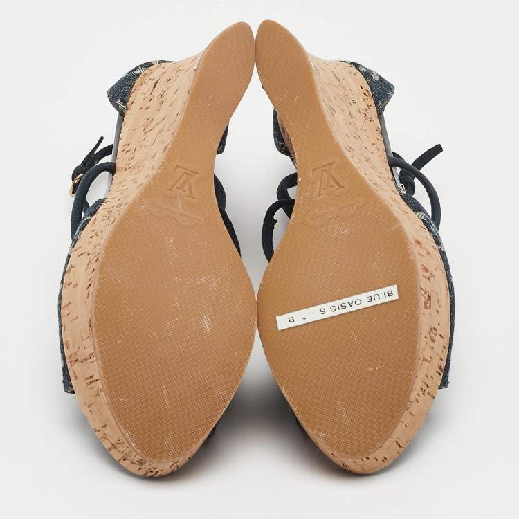 Pre Owned Louis Vuitton Blue Denim and Suede Cork Wedge Sandals Size 36