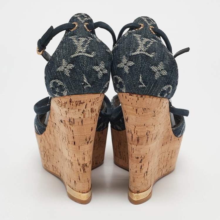 Pre Owned Louis Vuitton Blue Denim and Suede Cork Wedge Sandals Size 36