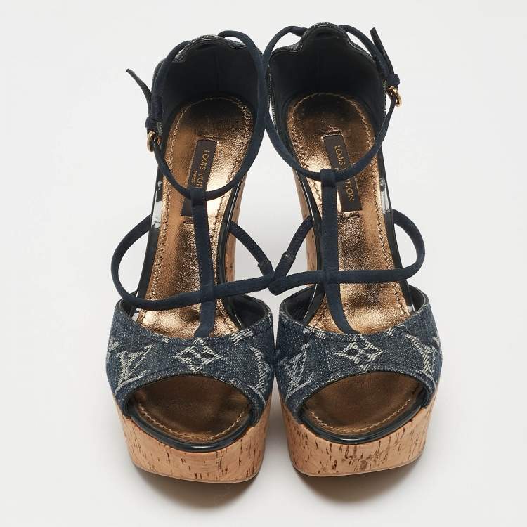 Pre Owned Louis Vuitton Blue Denim and Suede Cork Wedge Sandals Size 36