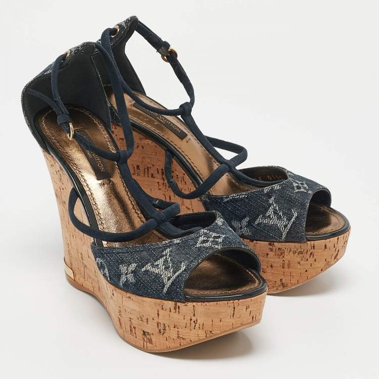 Pre Owned Louis Vuitton Blue Denim and Suede Cork Wedge Sandals Size 36