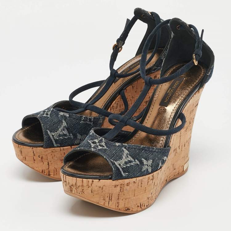 Pre Owned Louis Vuitton Blue Denim and Suede Cork Wedge Sandals Size 36