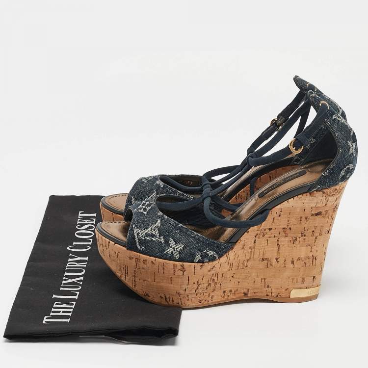 Pre Owned Louis Vuitton Blue Denim and Suede Cork Wedge Sandals Size 36