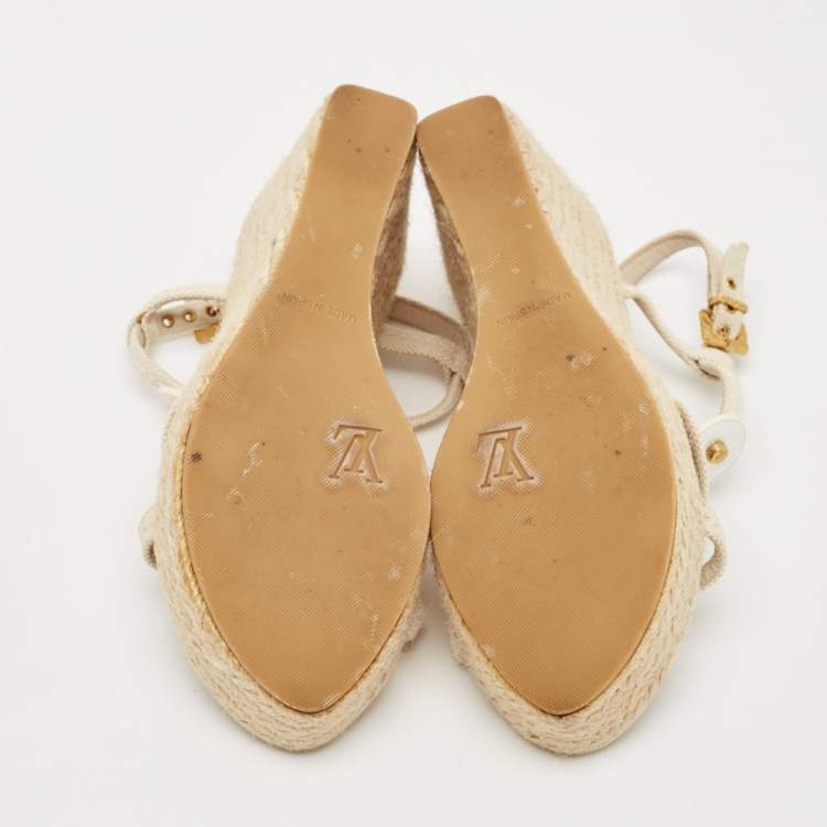 Pre Owned Louis Vuitton Cream Canvas Embellished Wedge Sandals Size 37.5