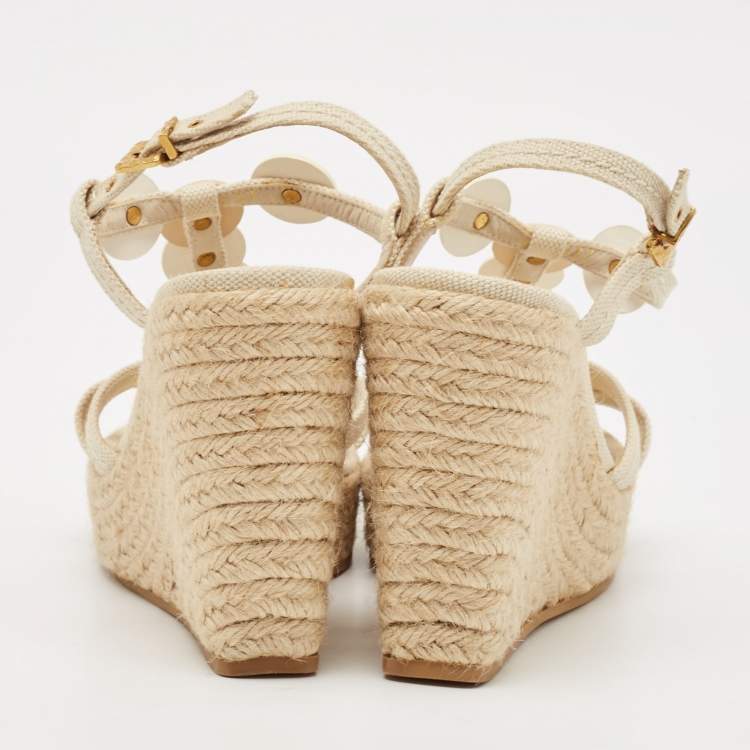 Pre Owned Louis Vuitton Cream Canvas Embellished Wedge Sandals Size 37.5