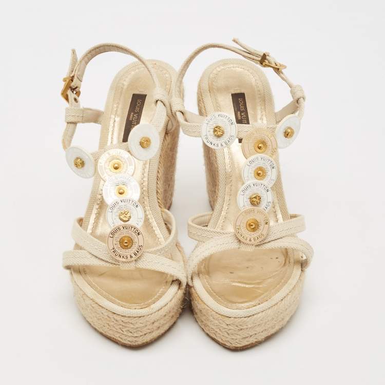 Pre Owned Louis Vuitton Cream Canvas Embellished Wedge Sandals Size 37.5