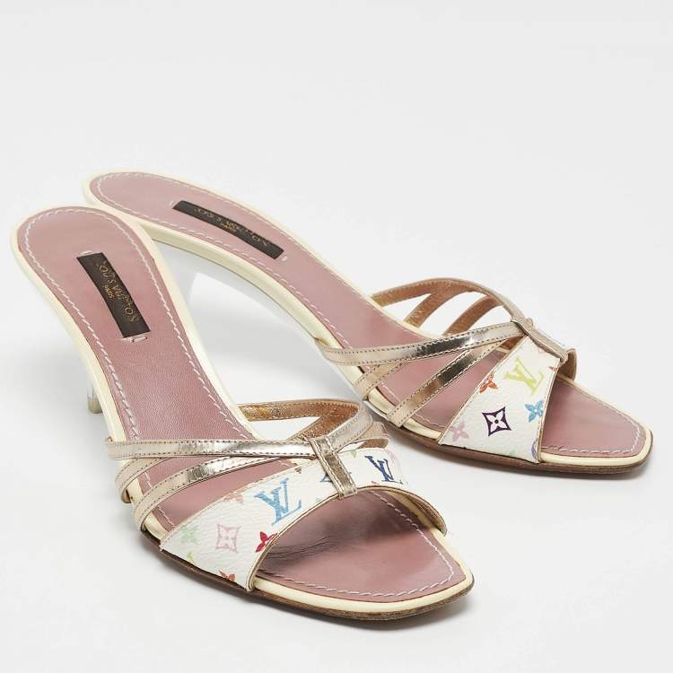 Pre Owned Louis Vuitton Multicolor Monogram Canvas Strappy Slide Sandals Size 36.5