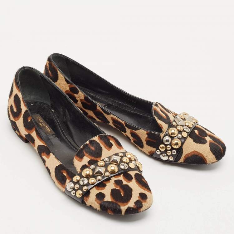Pre Owned Louis Vuitton Black/Brown Calf Hair Embellished Smoking Slippers Size 37.5