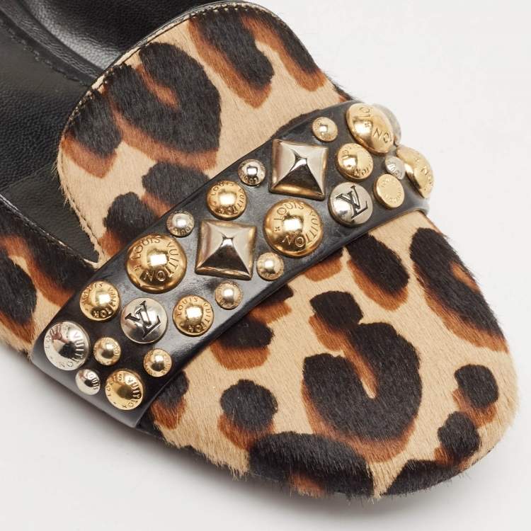 Pre Owned Louis Vuitton Black/Brown Calf Hair Embellished Smoking Slippers Size 37.5