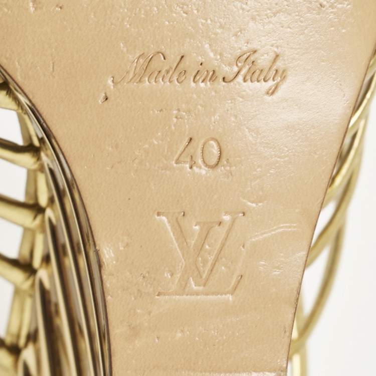 Pre Owned Louis Vuitton Gold Leather Strappy Wedge Sandals Size 40